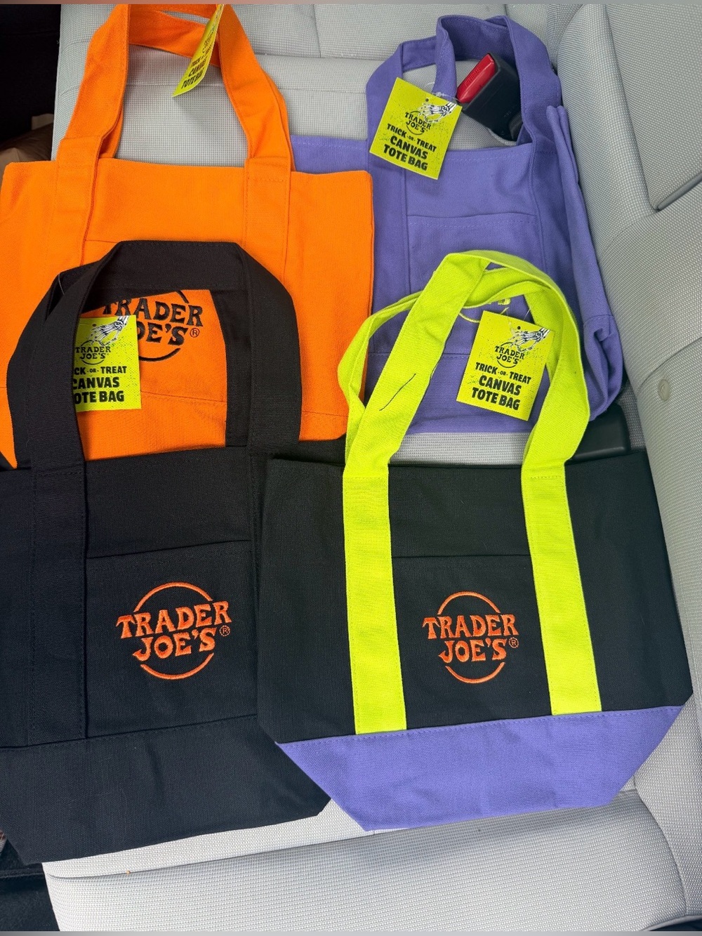 Trader Joes Trick or Treat Mini
Canvas Tote Bags (4) assorted colors NWT
